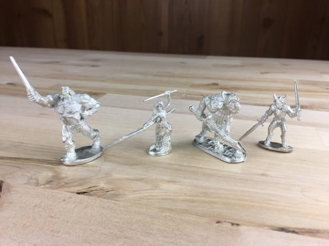 The Game Crafter - Board Game Pieces - Barbarian, Female Beast Master, Armored Ogre, and Goatman Champion