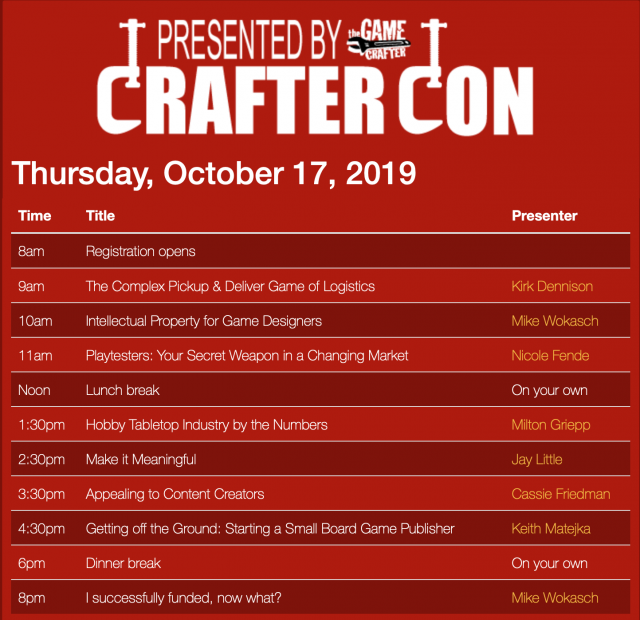 The Game Crafter - Crafter Con - 2019 Schedule